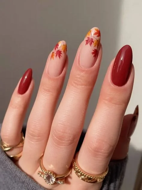25 Stunning Almond Fall Nails Perfect for a Chic Autumn Vibe (2026) 16 almond fall nails 2026 autumn leaf nail art