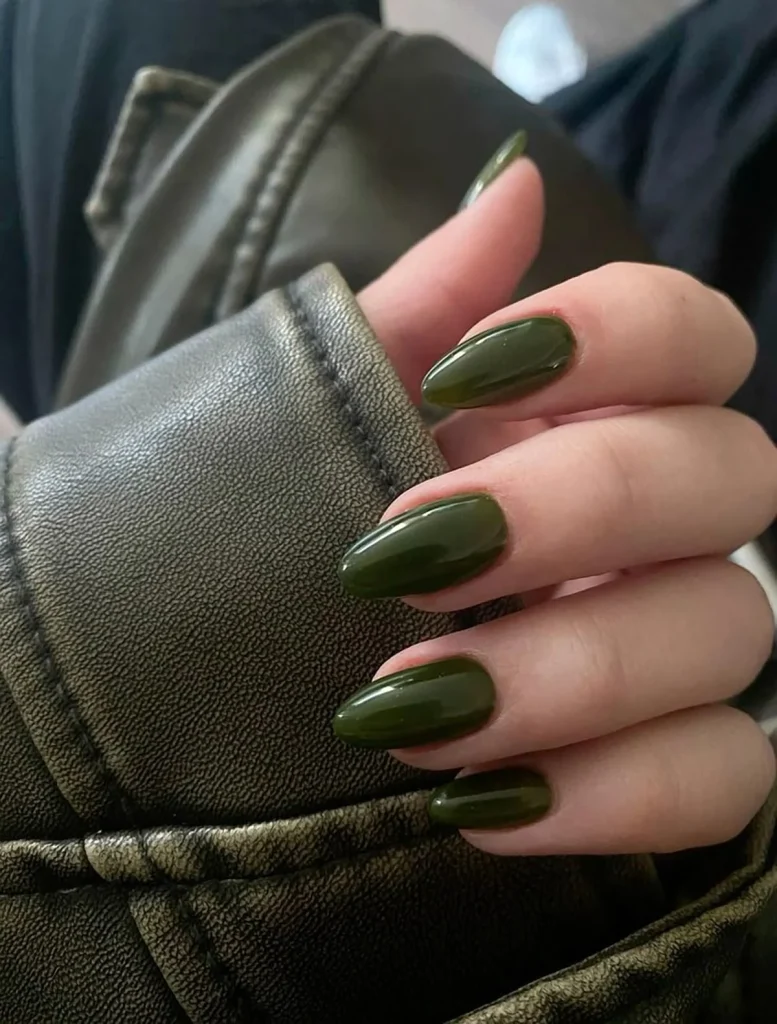 25 Stunning Almond Fall Nails Perfect for a Chic Autumn Vibe (2026) 6 almond fall nails 2026 dark olive green gloss