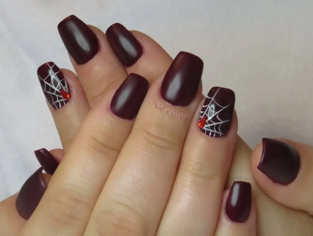 30 Trendy Short Fall Nails Perfect for a Classy Look 23 burgundy spiderweb short fall nails 2026 — restrained Halloween elegant manicure