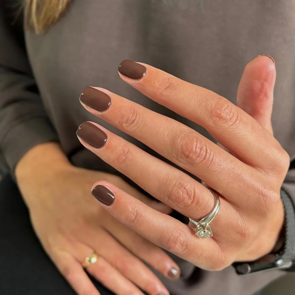 30 Trendy Short Fall Nails Perfect for a Classy Look 3 espresso satin short square fall nails 2026 — rich brown clean girl manicure