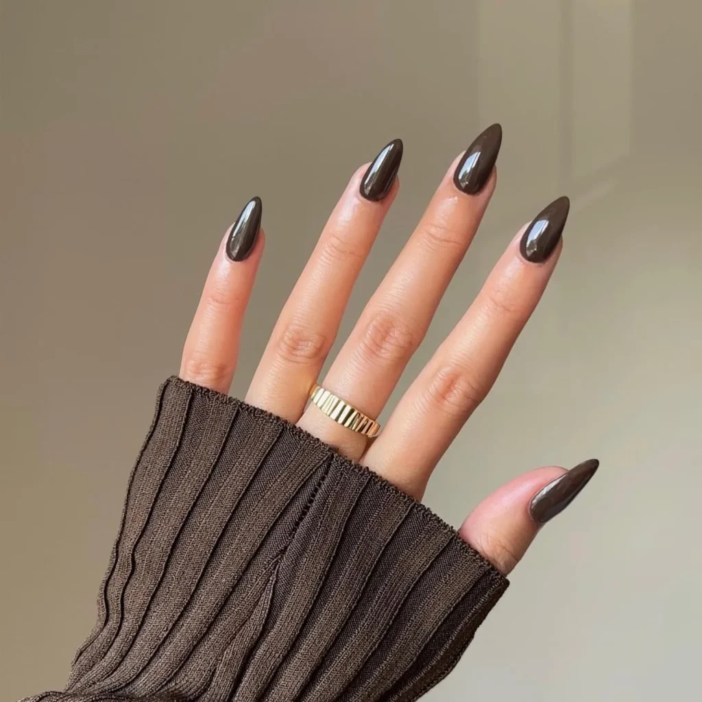 25 Stunning Almond Fall Nails Perfect for a Chic Autumn Vibe (2026) 3 almond fall nails 2026 glazed chocolate brown
