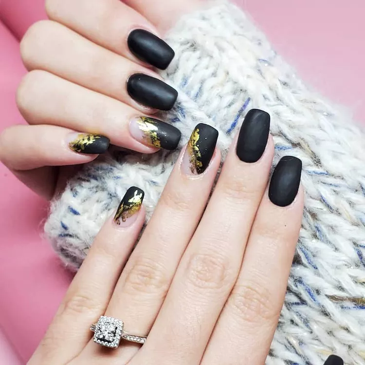 30 Trendy Short Fall Nails Perfect for a Classy Look 22 matte black gold star constellation short fall nails 2026 — night sky Halloween manicure
