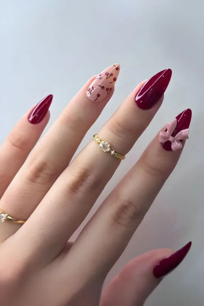 25 Stunning Almond Fall Nails Perfect for a Chic Autumn Vibe (2026) 21 almond fall nails 2026 3d bow velvet burgundy nails