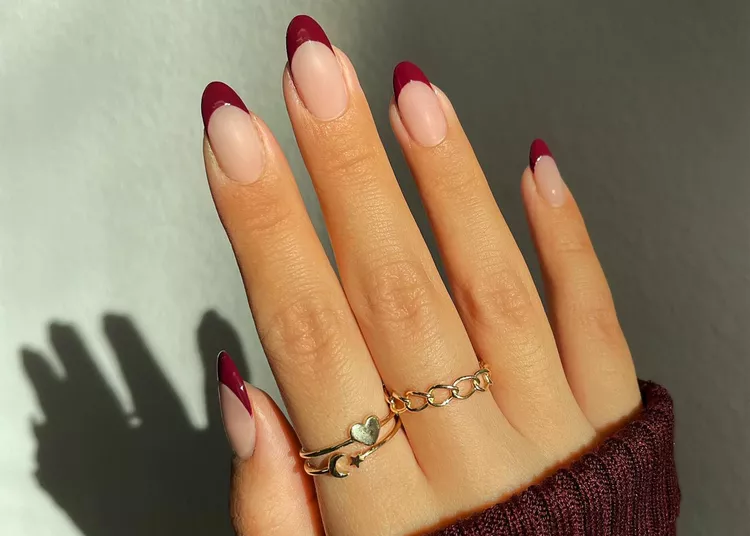 30 Trendy Short Fall Nails Perfect for a Classy Look 10 burgundy deep French oval short fall nails 2026 — moody elegant seasonal manicure
