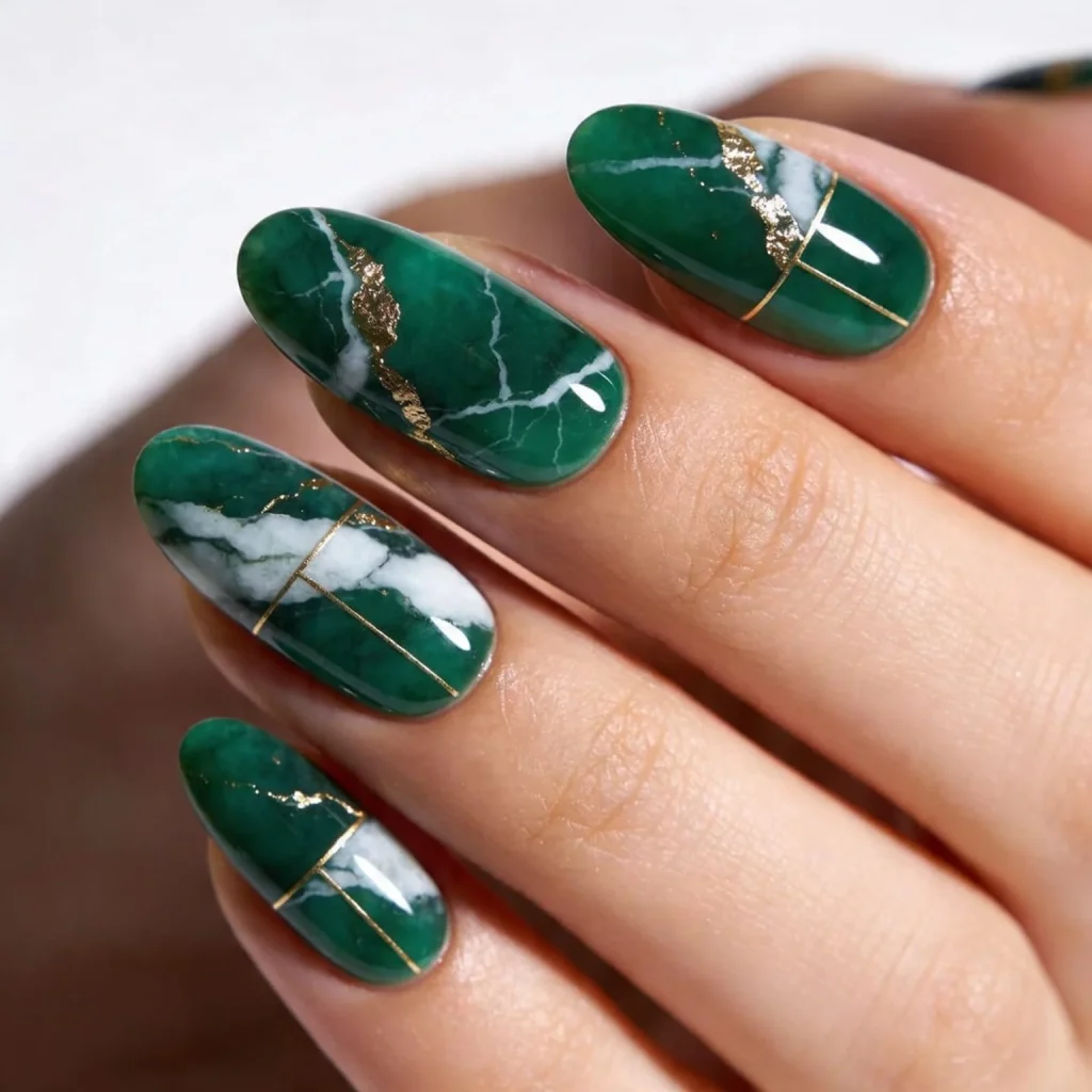 25 Stunning Almond Fall Nails Perfect for a Chic Autumn Vibe (2026) 19 almond fall nails 2026 emerald marble gold veining