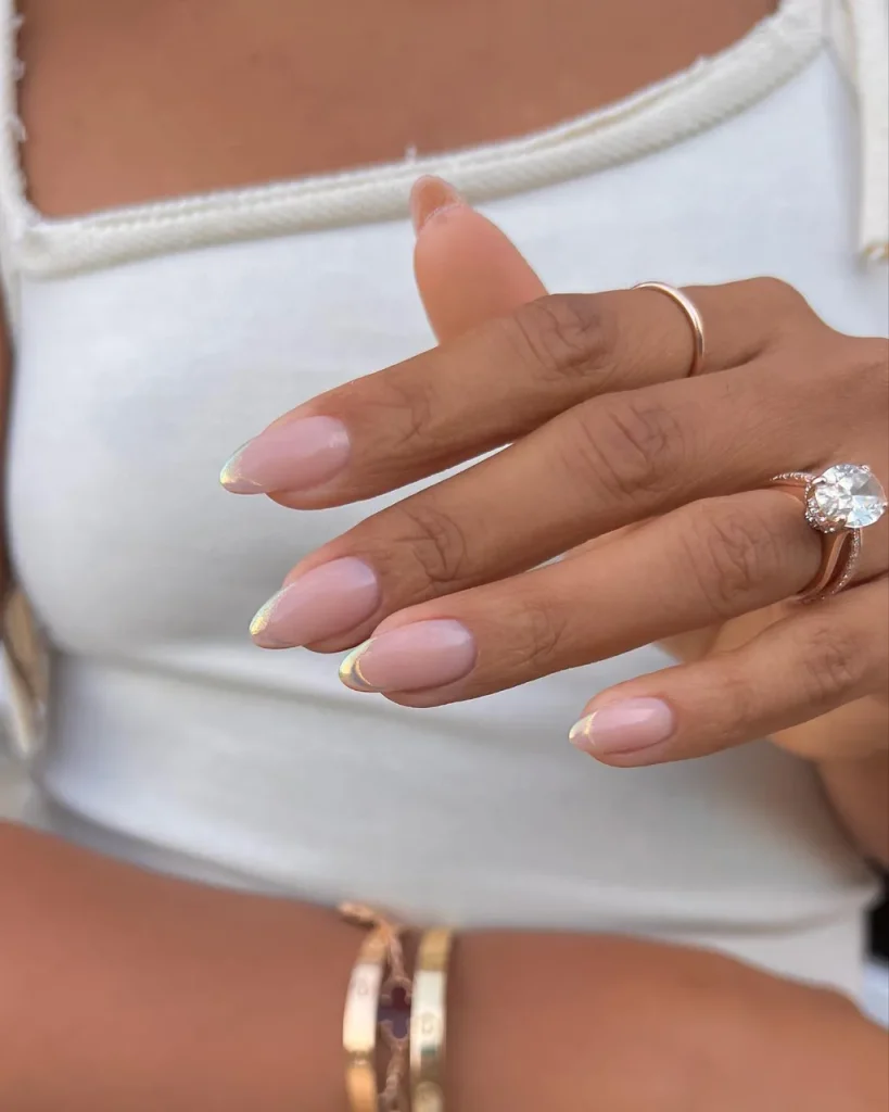 30 Trendy Short Fall Nails Perfect for a Classy Look 12 gold chrome micro French short fall nails 2026 — jewellery inspired elegant manicure