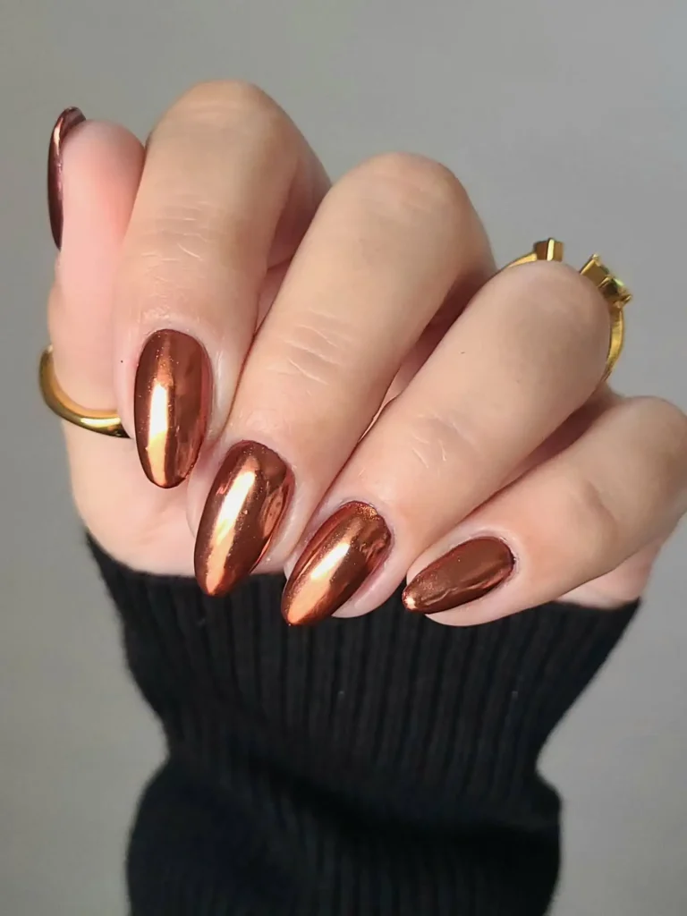 25 Stunning Almond Fall Nails Perfect for a Chic Autumn Vibe (2026) 11 almond fall nails 2026 copper metallic nails