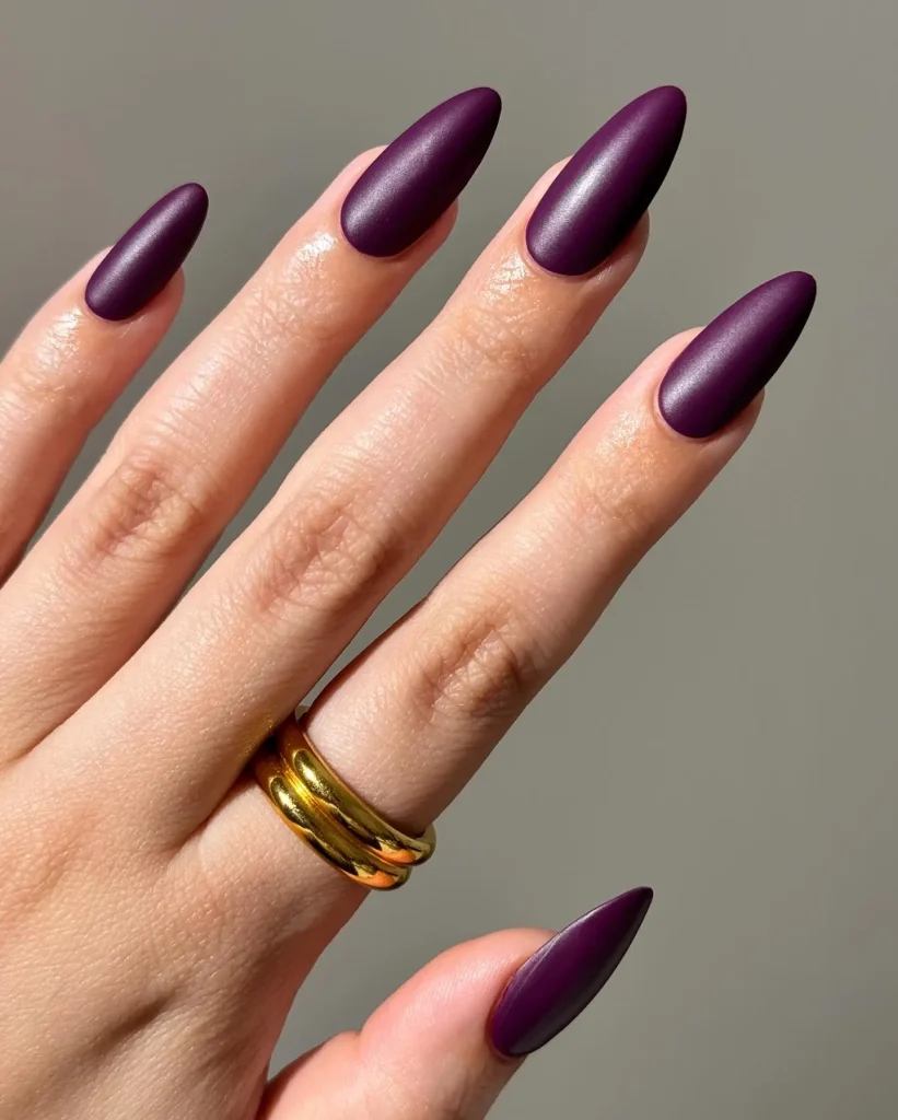 25 Stunning Almond Fall Nails Perfect for a Chic Autumn Vibe (2026) 4 Velvet matte deep plum on almond nails is one of fall 2026'