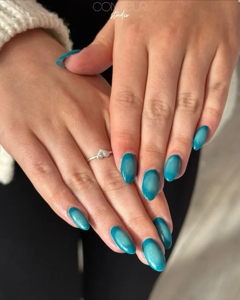 30 Trendy Short Fall Nails Perfect for a Classy Look 30 deep teal monochrome satin short fall nails 2026 — jewel toned blue green manicure