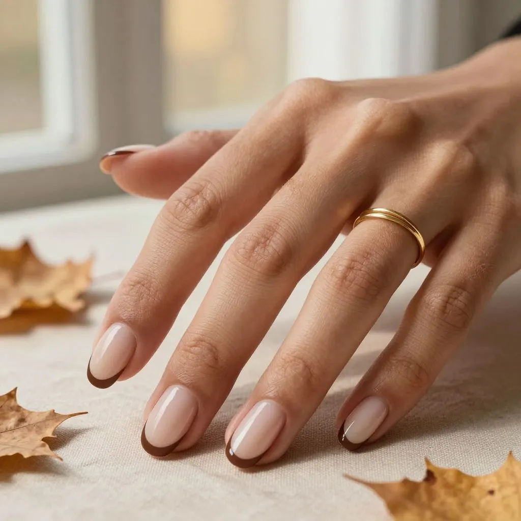 30 Trendy Short Fall Nails Perfect for a Classy Look 9 chocolate French tip beige base short fall nails 2026 — seasonal elegant manicure