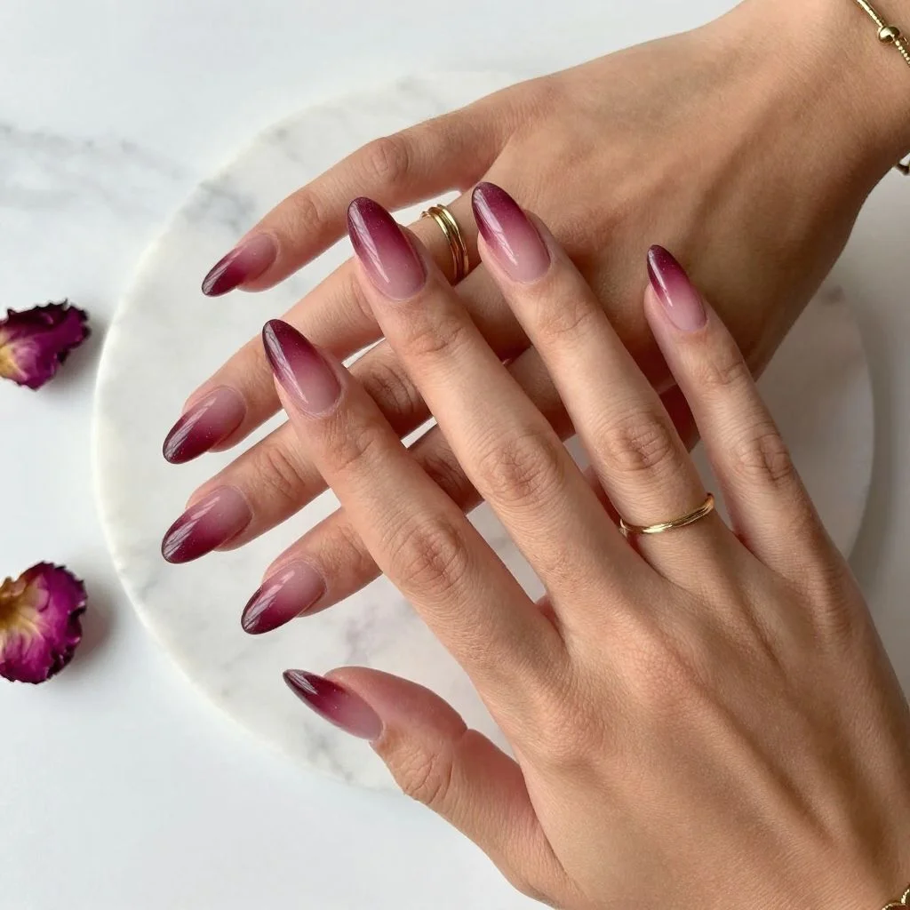25 Stunning Almond Fall Nails Perfect for a Chic Autumn Vibe (2026) 24 almond fall nails 2026 burgundy ombre gold glitter tip nails