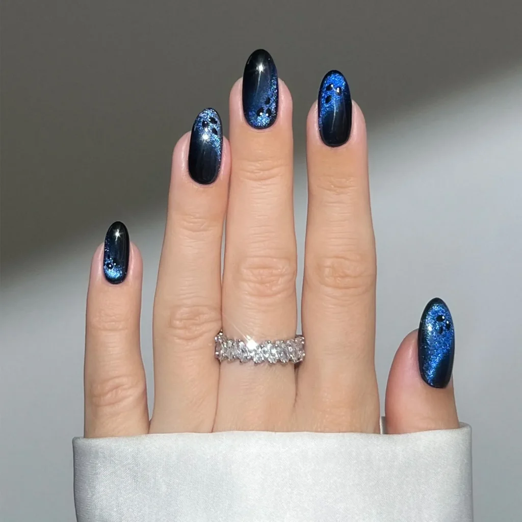 30 Trendy Short Fall Nails Perfect for a Classy Look 24 midnight navy ghost French tip short fall nails 2026 — playful clever Halloween manicure