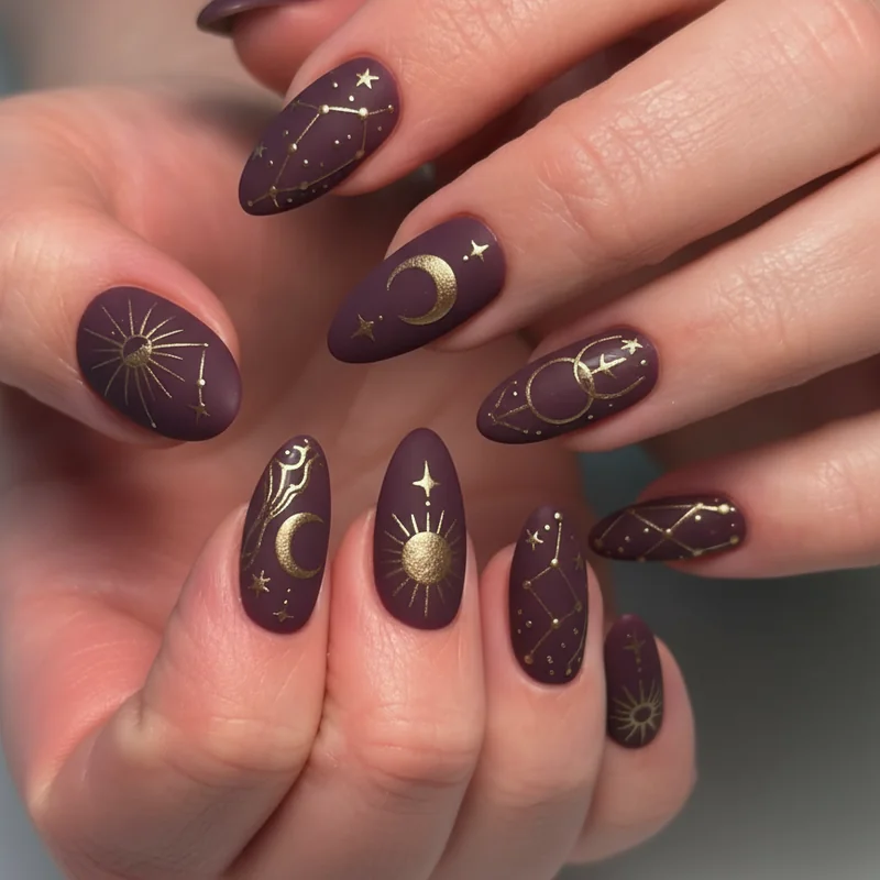 30 Trendy Short Fall Nails Perfect for a Classy Look 20 deep plum gold crescent short fall nails 2026 — witchy chic Halloween elegant manicure