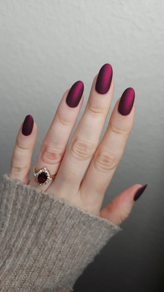30 Trendy Short Fall Nails Perfect for a Classy Look 26 velvet merlot short oval fall nails 2026 — wine dark sophisticated elegant manicure
